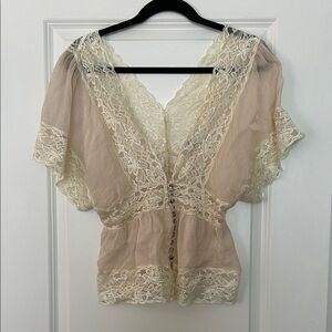 NEW LISTING! NEVER WORN FROM ANTHRO Sheer Lace-Trim TOP in Cream